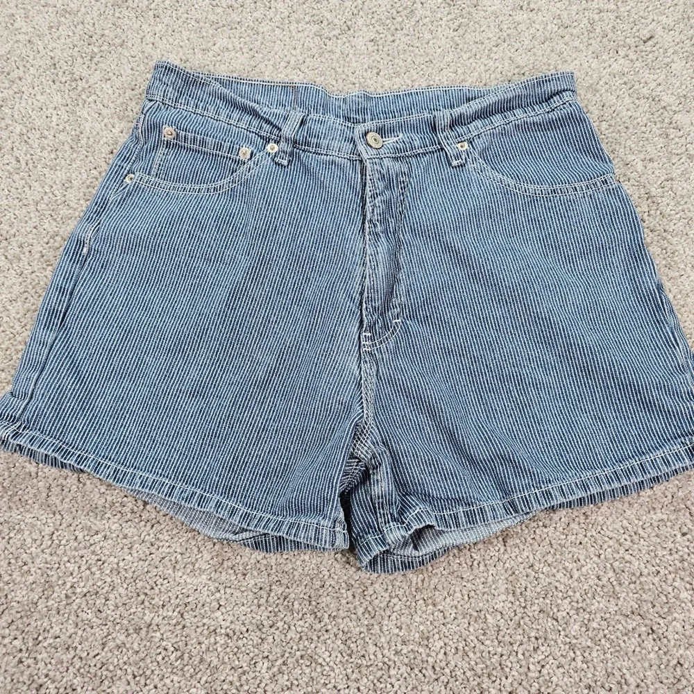 Vintage Jordache Railroad Denim Shorts Blue White High Waisted Size 13/14 108640